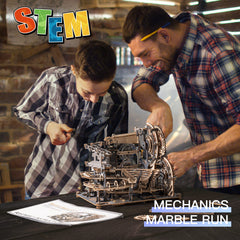 ROBOTIME LGA01 wooden model on display showing marble track action
