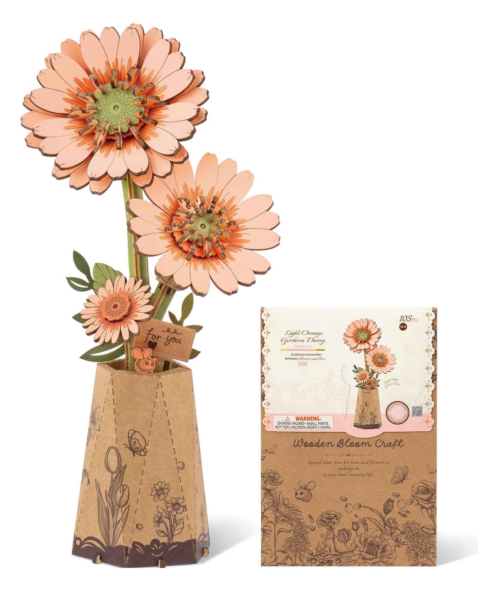ROBOTIME Light Orange Gerbera Daisy TW111 during assembly for a stylish desk display.
