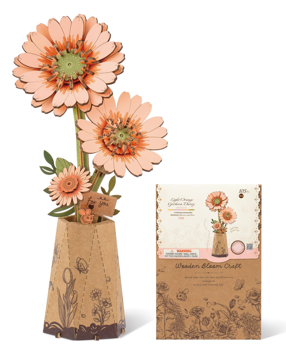 ROBOTIME Light Orange Gerbera Daisy TW111 during assembly for a stylish desk display.