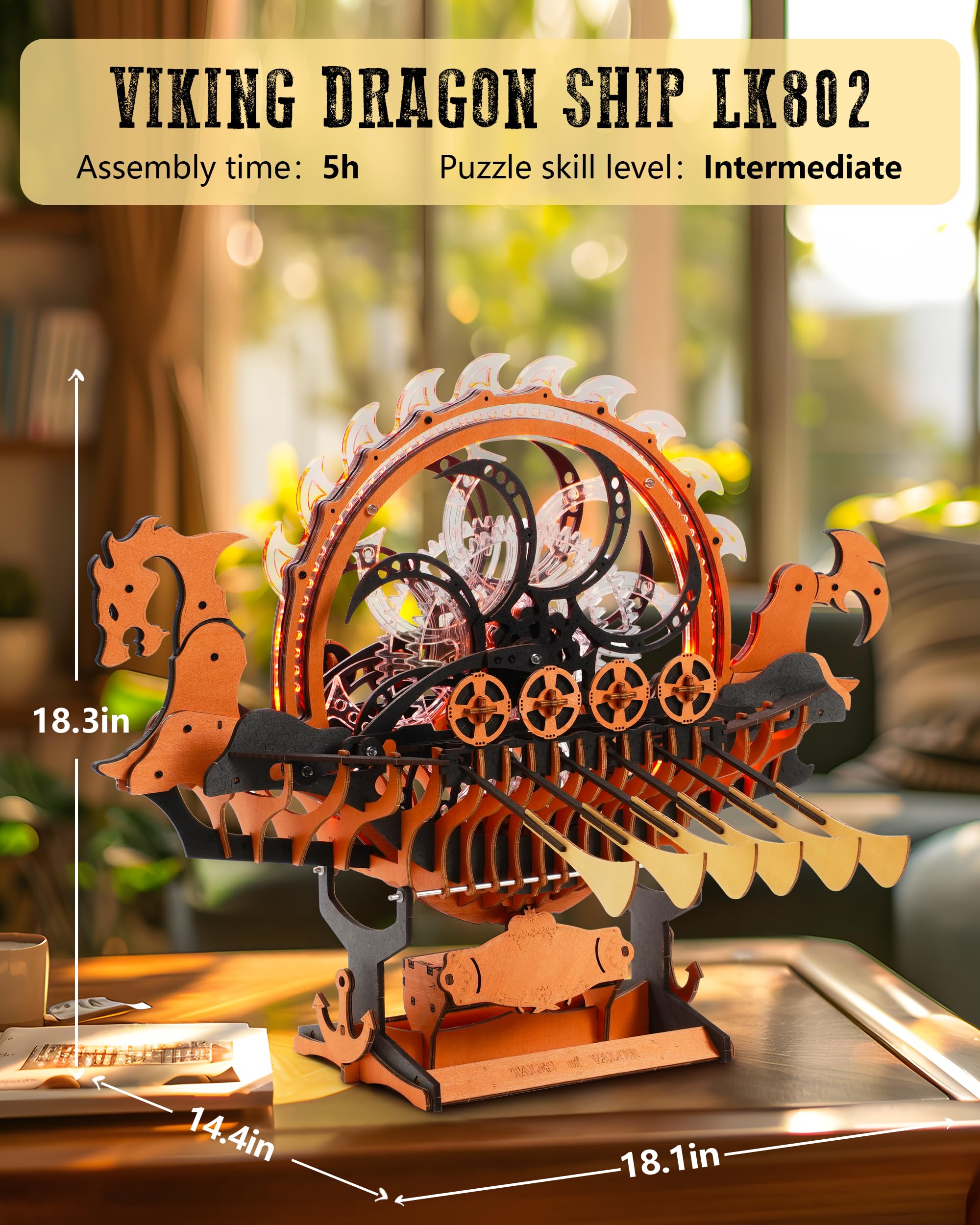 ROBOTIME LK802 Viking Dragon Ship display-size shows impressive presence.