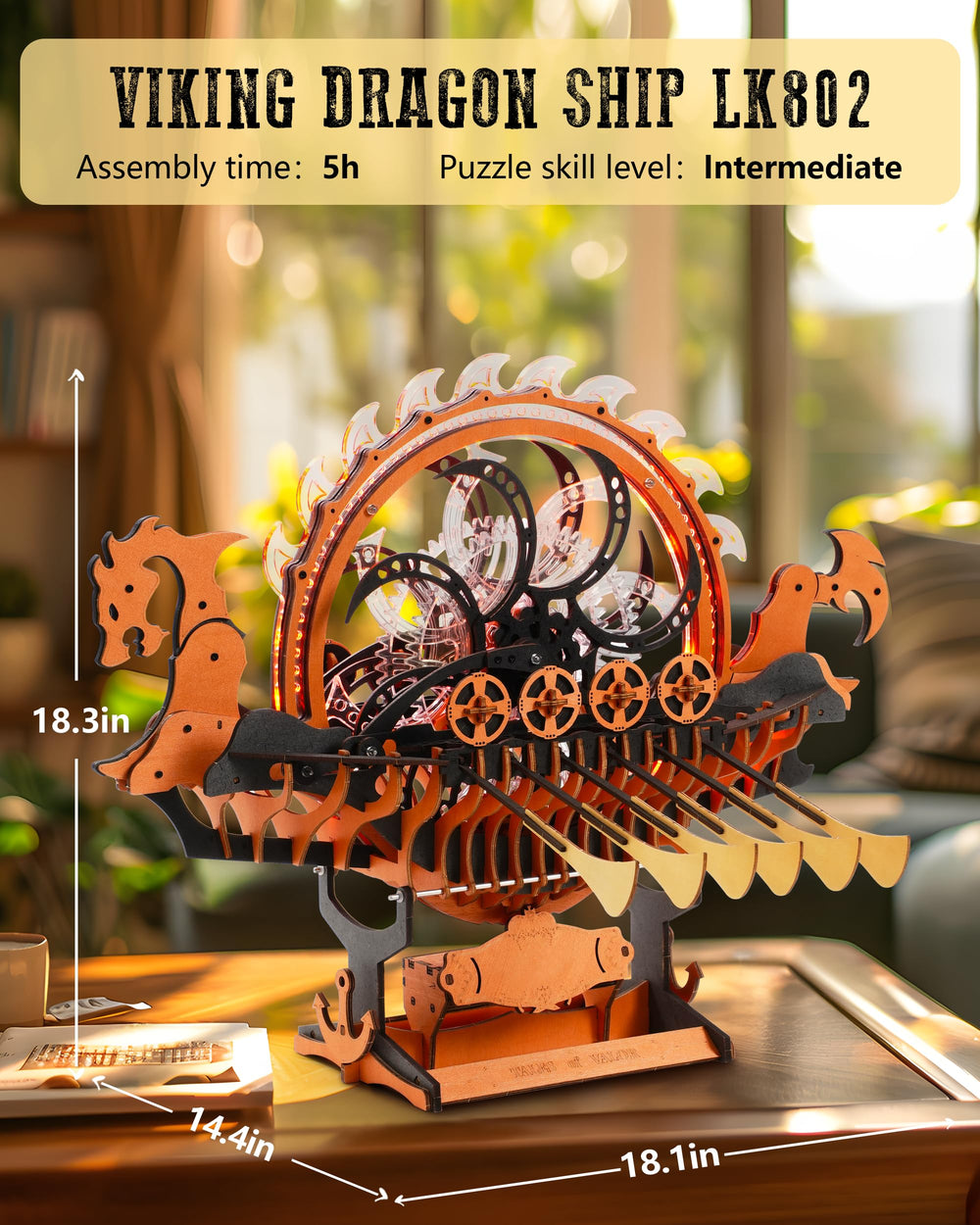 ROBOTIME LK802 Viking Dragon Ship display-size shows impressive presence.