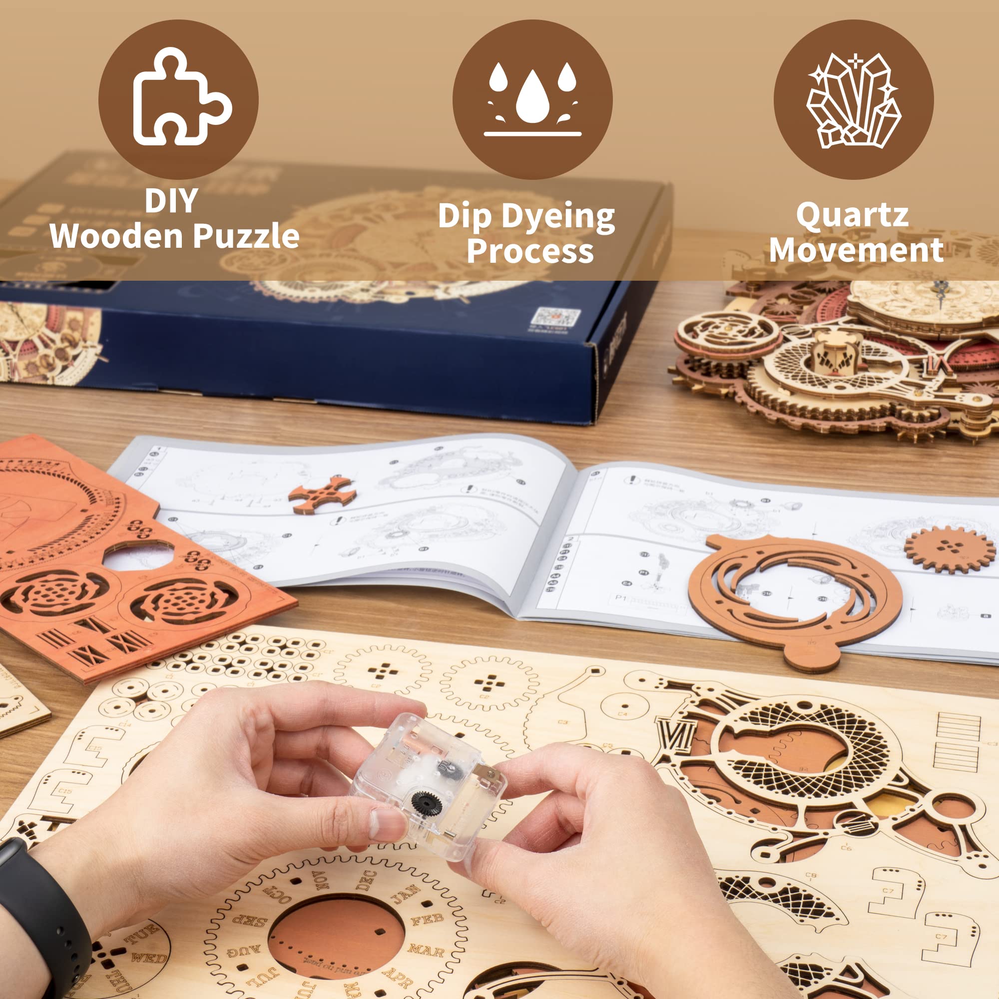 ROBOTIME mechanical clock kit blends wood craft with steampunk style