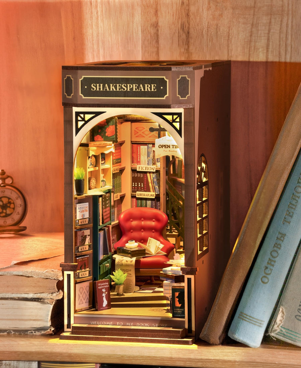 ROBOTIME miniature bookstore interior adds ambience and storytelling flair to desks.