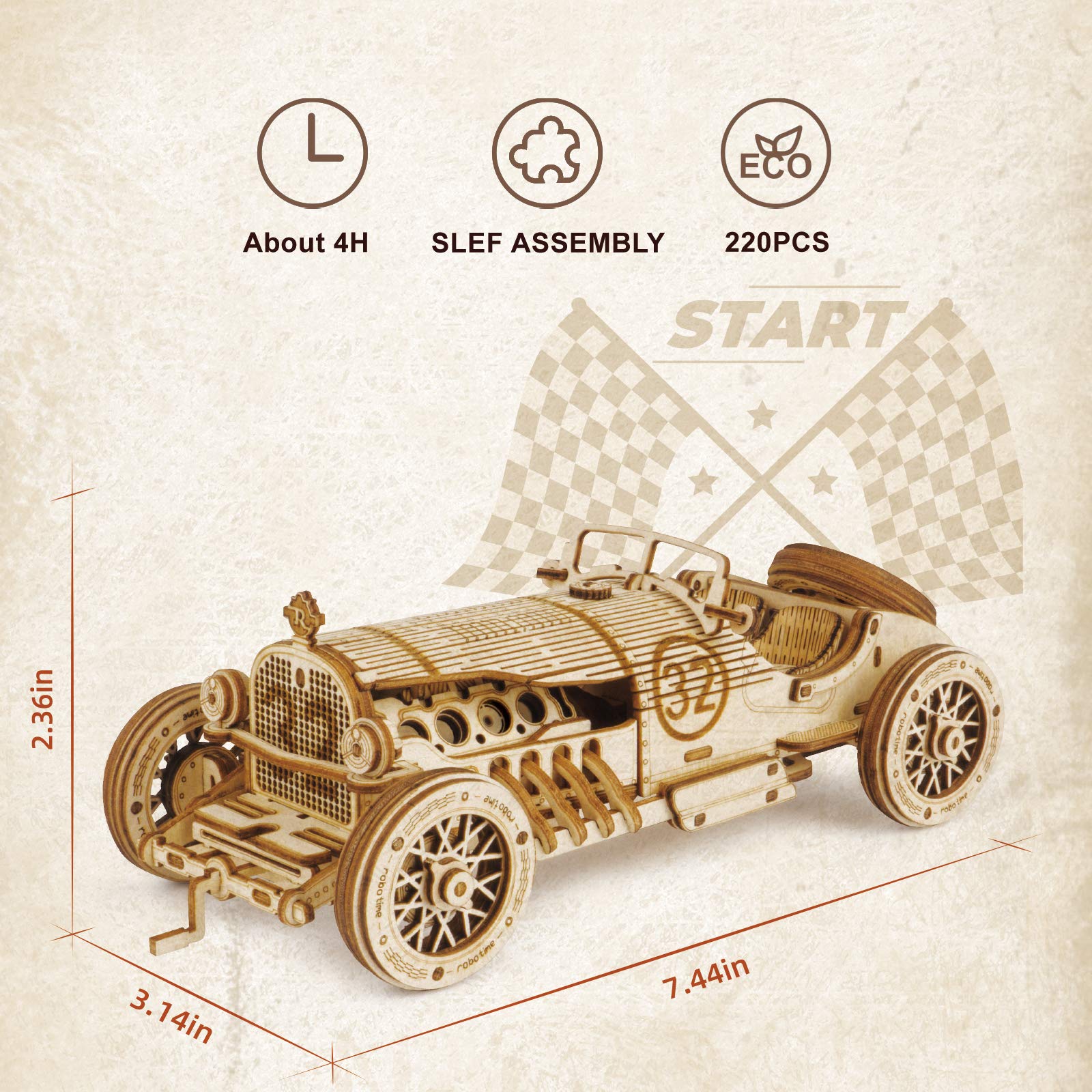 ROBOTIME Grand Prix parts detail highlights precision wooden pieces for an accurate build.