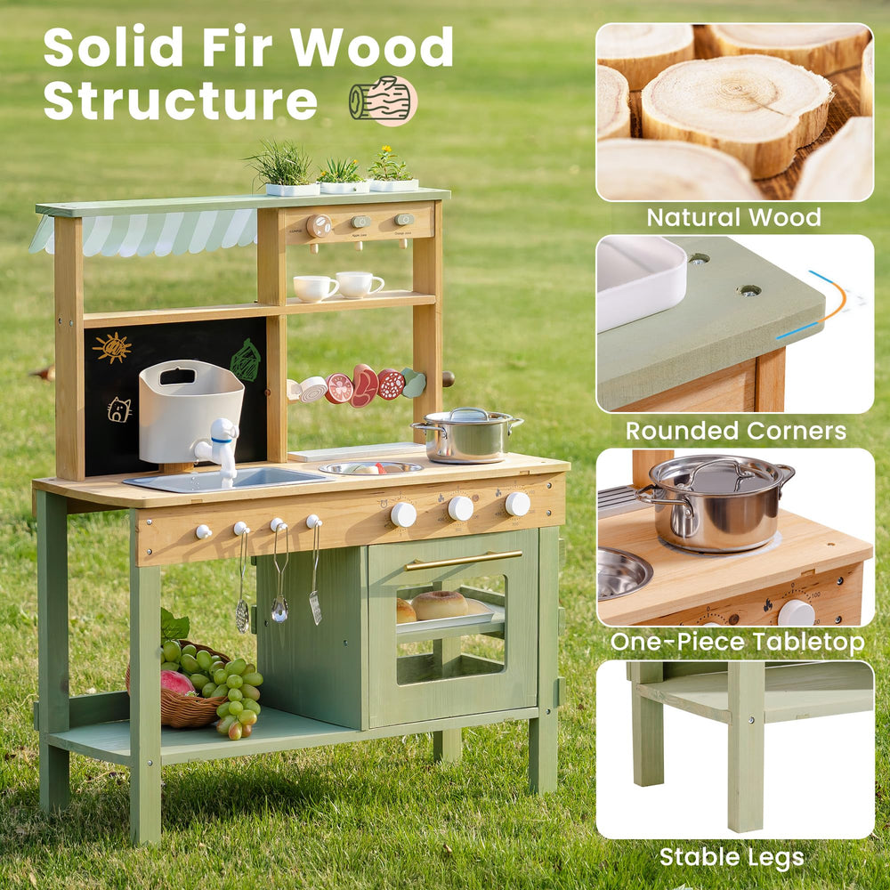 ROBOTIME Mud Kitchen planting area inspires gardening play and sensory exploration outdoors.
