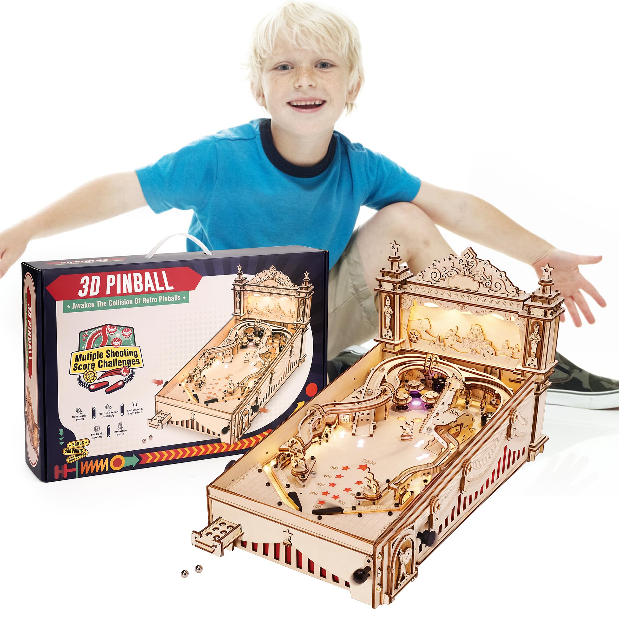 ROBOTIME EG01 Pinball Machine assembled model ready for display and play.