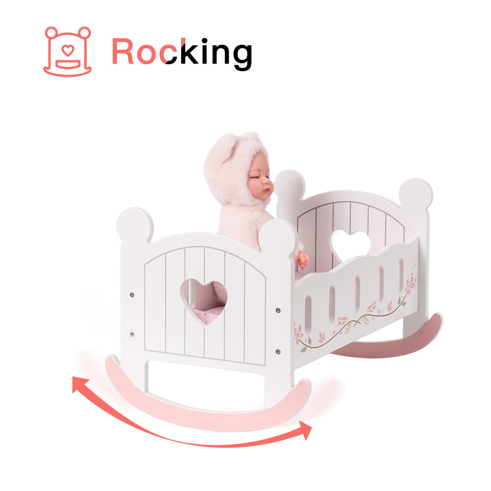 Robotime pink-accent bedding on white cradle enhances warm playtime ambiance.