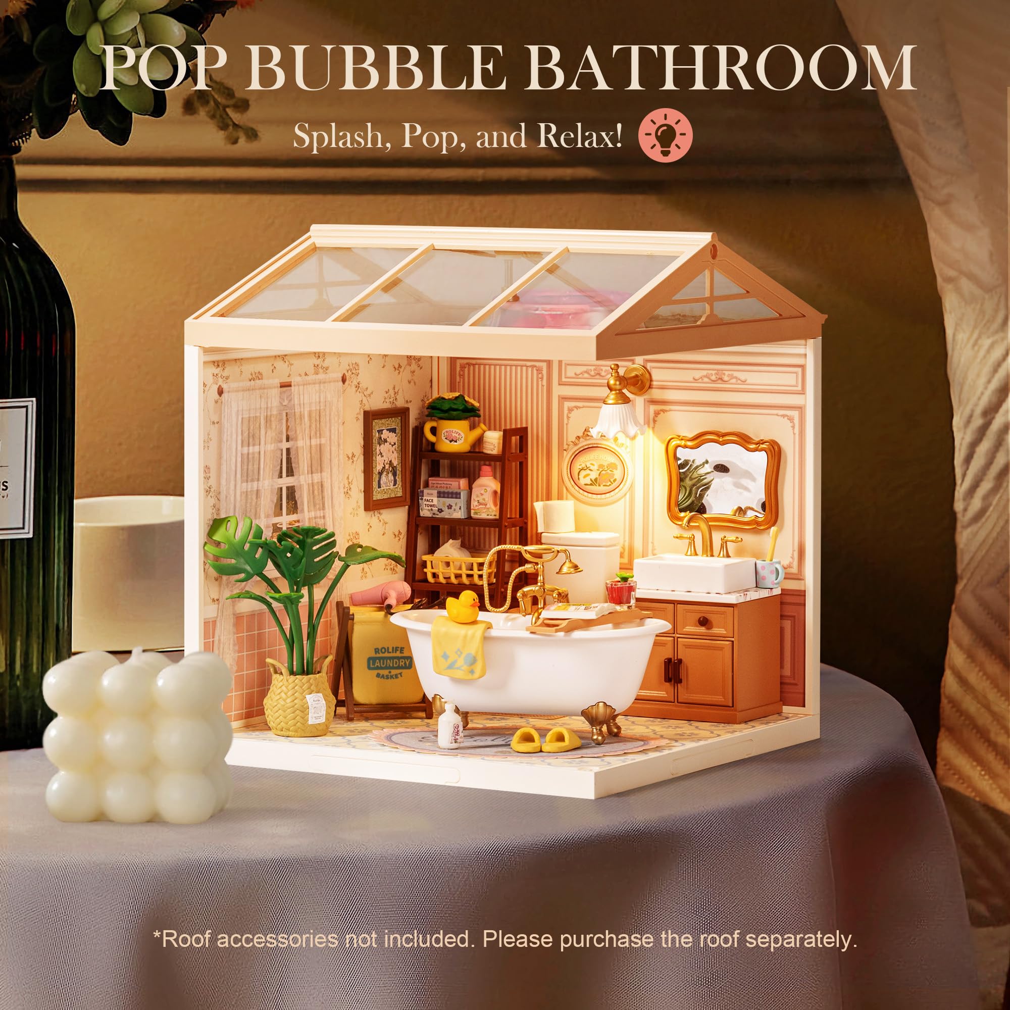 ROBOTIME Pop Bubble Bathroom detail with tub showcases relaxing spa vibe.
