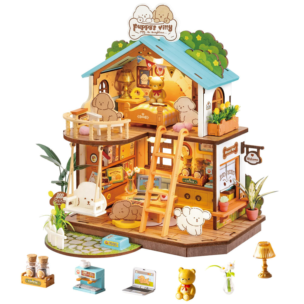 ROBOTIME Puppy's Cozy Villa front view with warm lighting and inviting charm