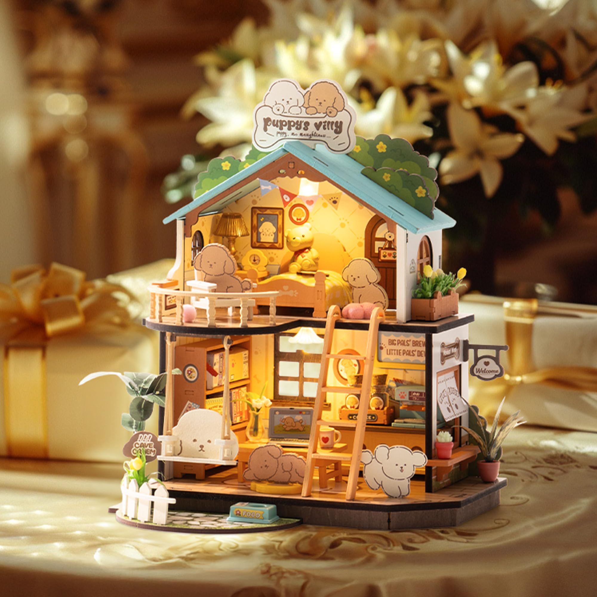 ROBOTIME Puppy's Cozy Villa LED lighting highlighting a cozy night-time ambiance