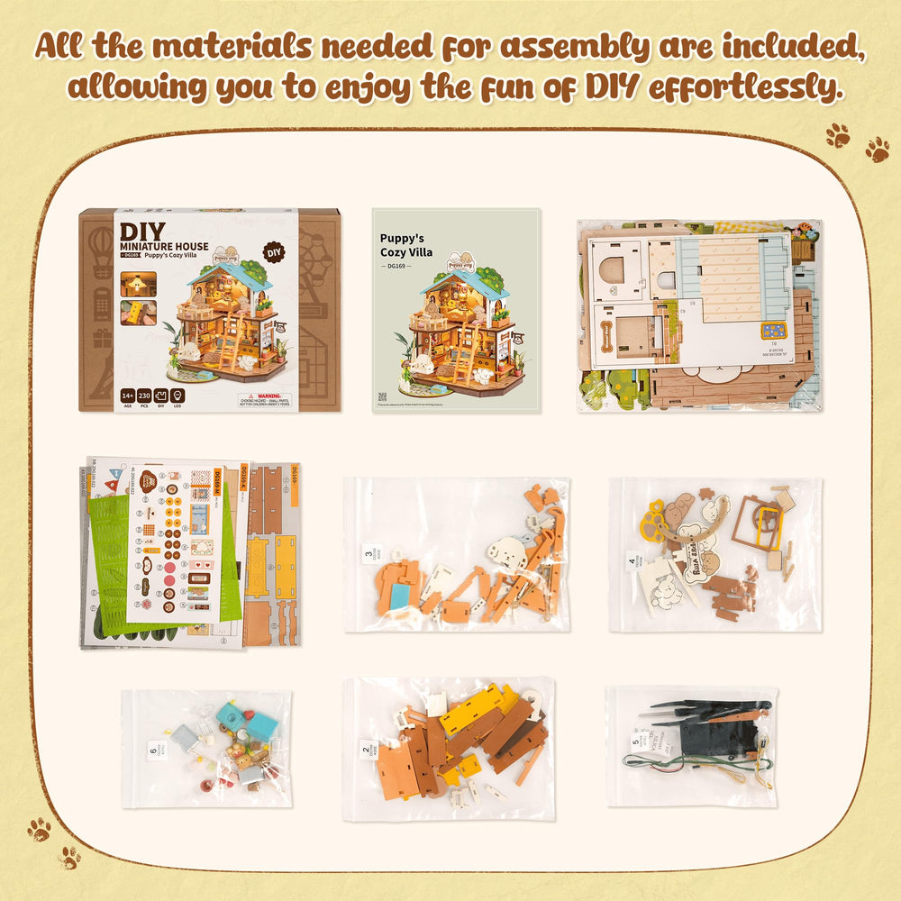 ROBOTIME Puppy's Cozy Villa packaging note and battery guidance