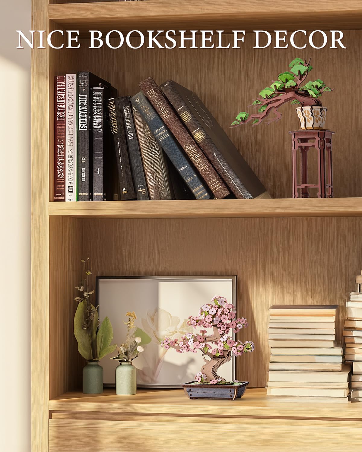 Robotime Sakura Bonsai Cherry Blossom Detail adds delicate petals to desk decor.