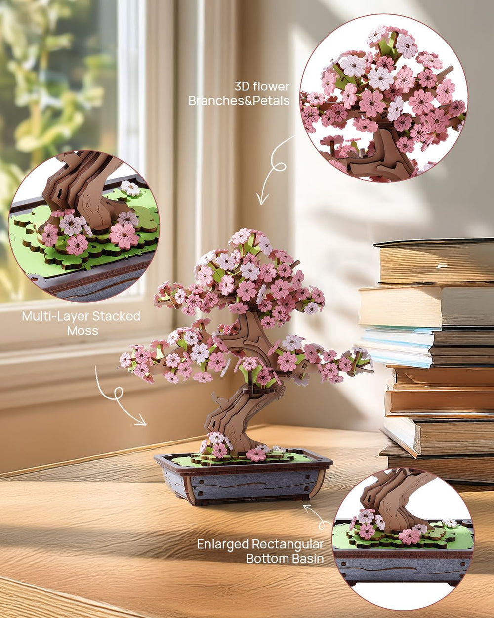 Robotime Sakura Bonsai Miniature House features tiny details for display charm.