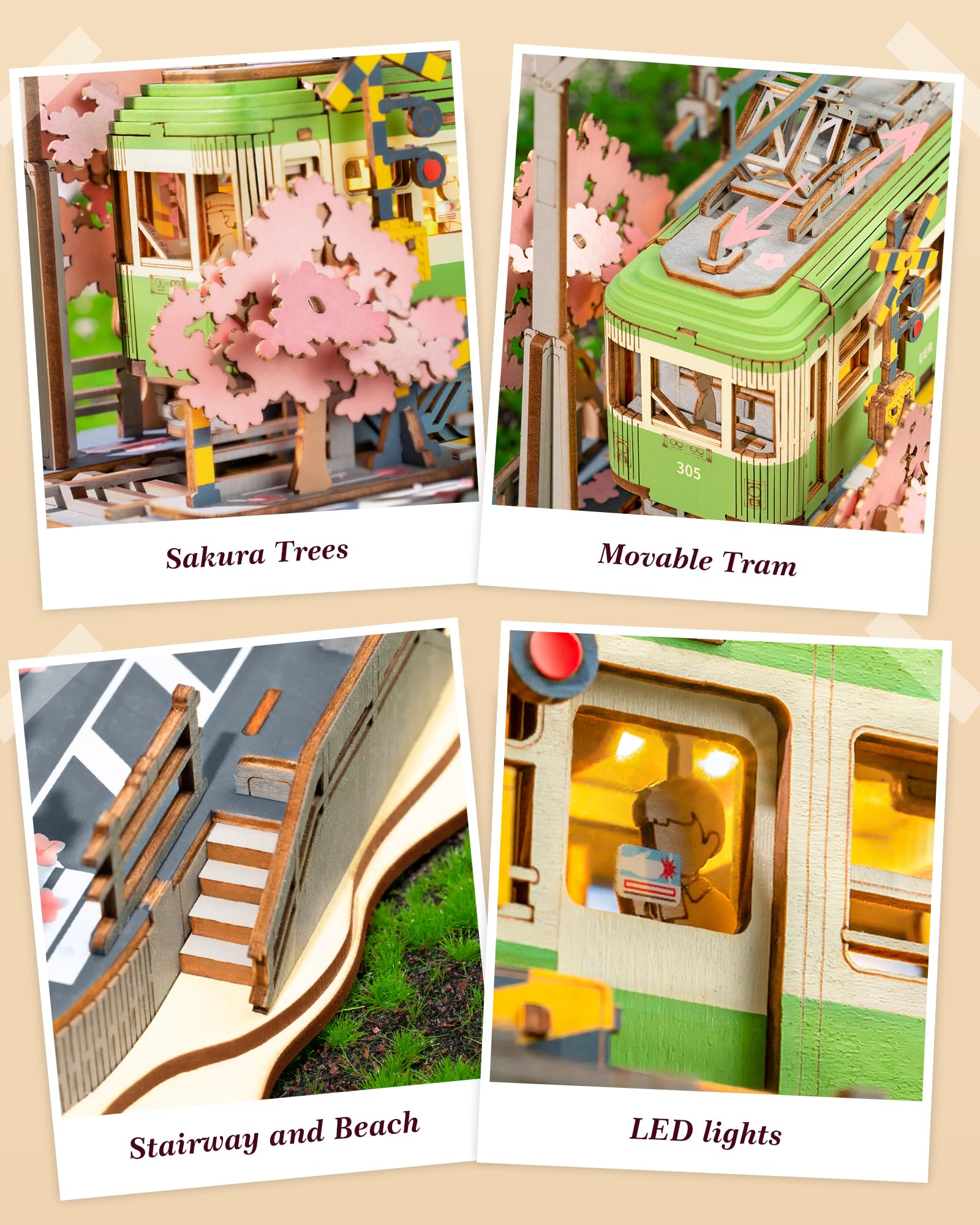 ROBOTIME Sakura Journey detailed tram offers a premium diorama experience