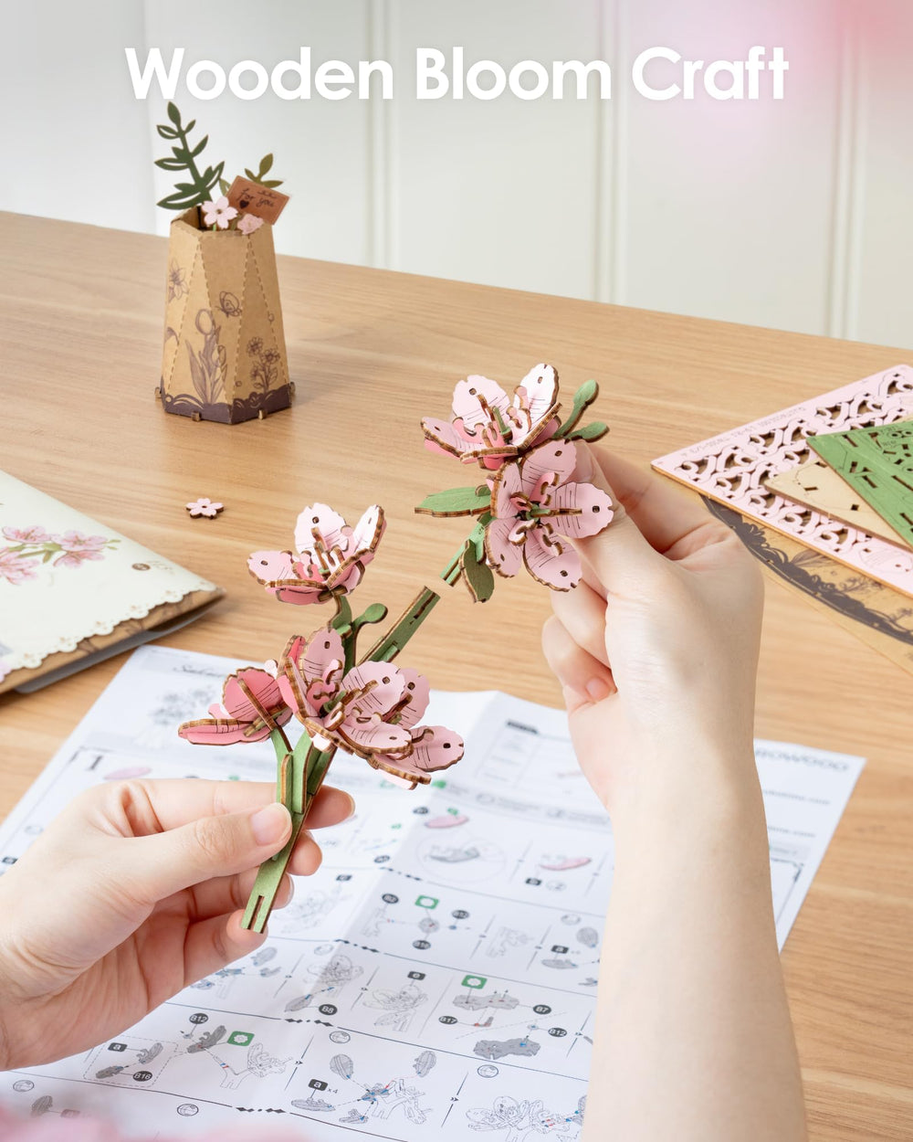 ROBOTIME Sakura puzzle assembly process with laser-cut parts for easy, precise building.