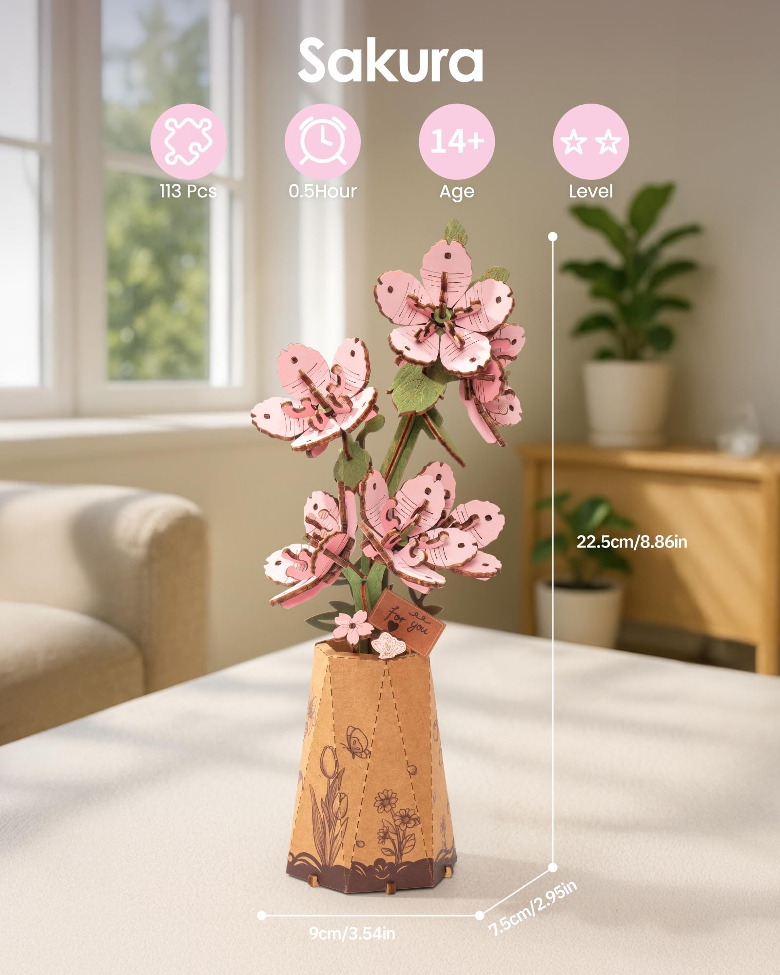 ROBOTIME Sakura completed bloom highlighting intricate wood details for elegant display.