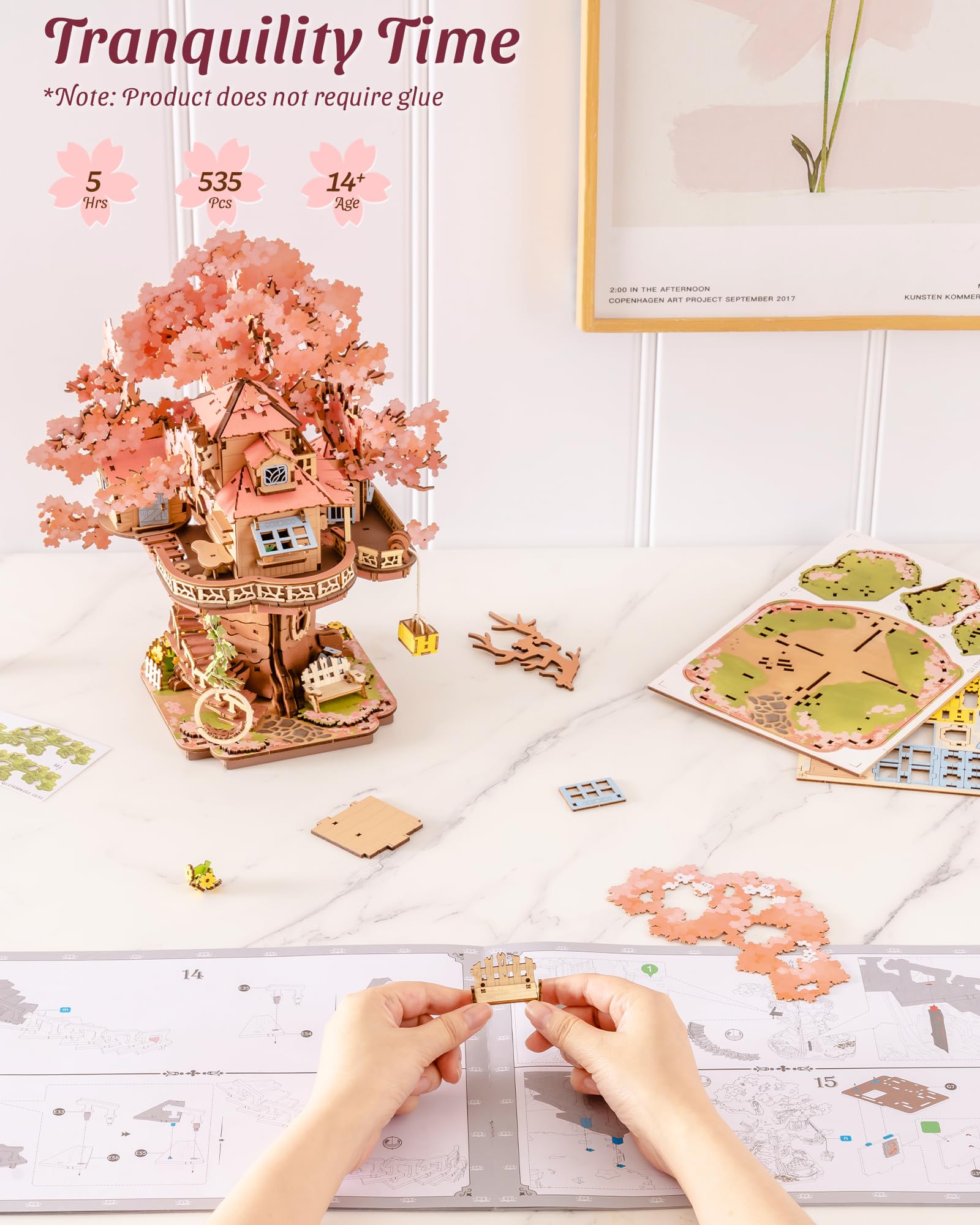ROBOTIME Sakura Tree House blossom-viewing pavilion enhances display appeal.