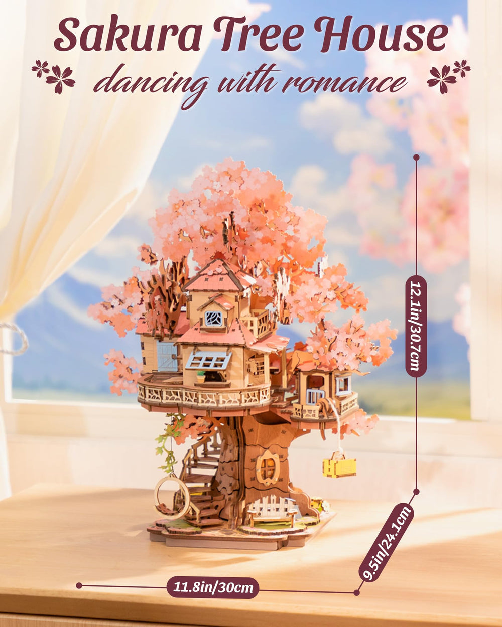 ROBOTIME Sakura Tree House branch details highlight craftsmanship and charm.