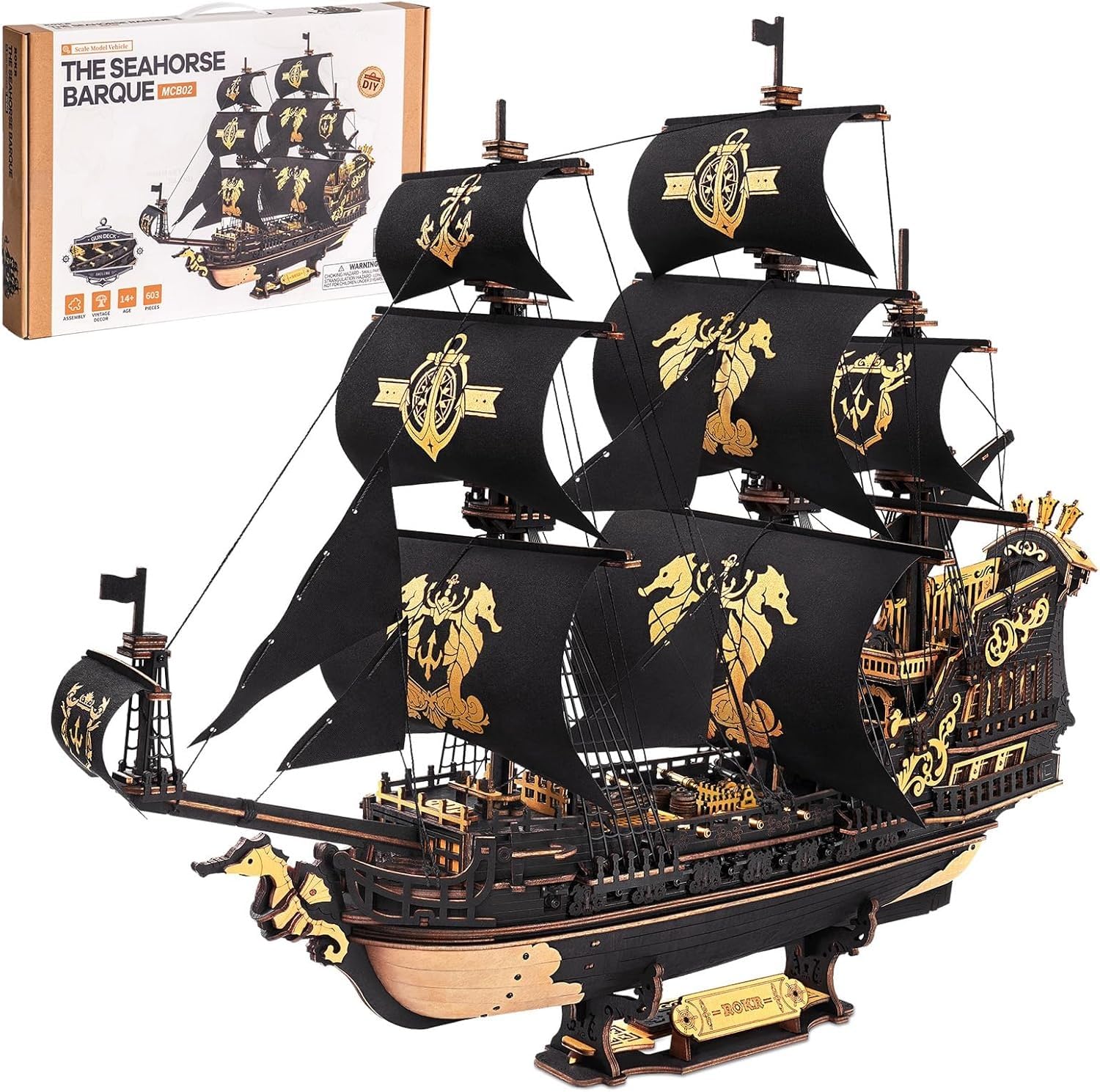 Robotime Seahorse 3D puzzle deck detail enhances maritime display and tactile satisfaction.