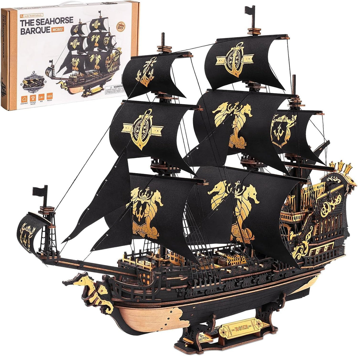 Robotime Seahorse 3D puzzle deck detail enhances maritime display and tactile satisfaction.