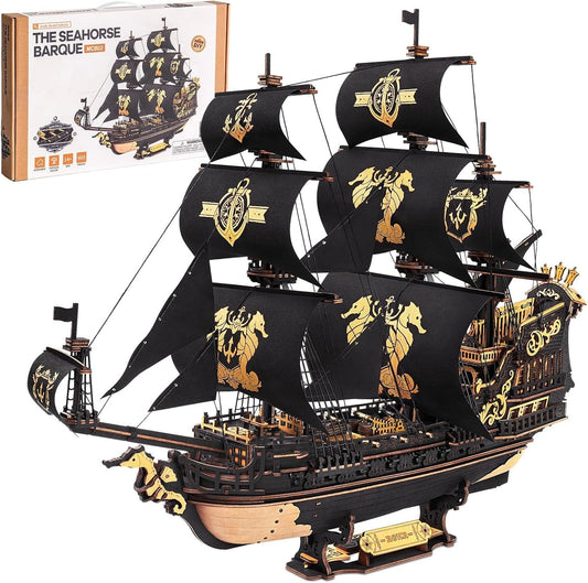 Robotime Seahorse 3D puzzle deck detail enhances maritime display and tactile satisfaction.