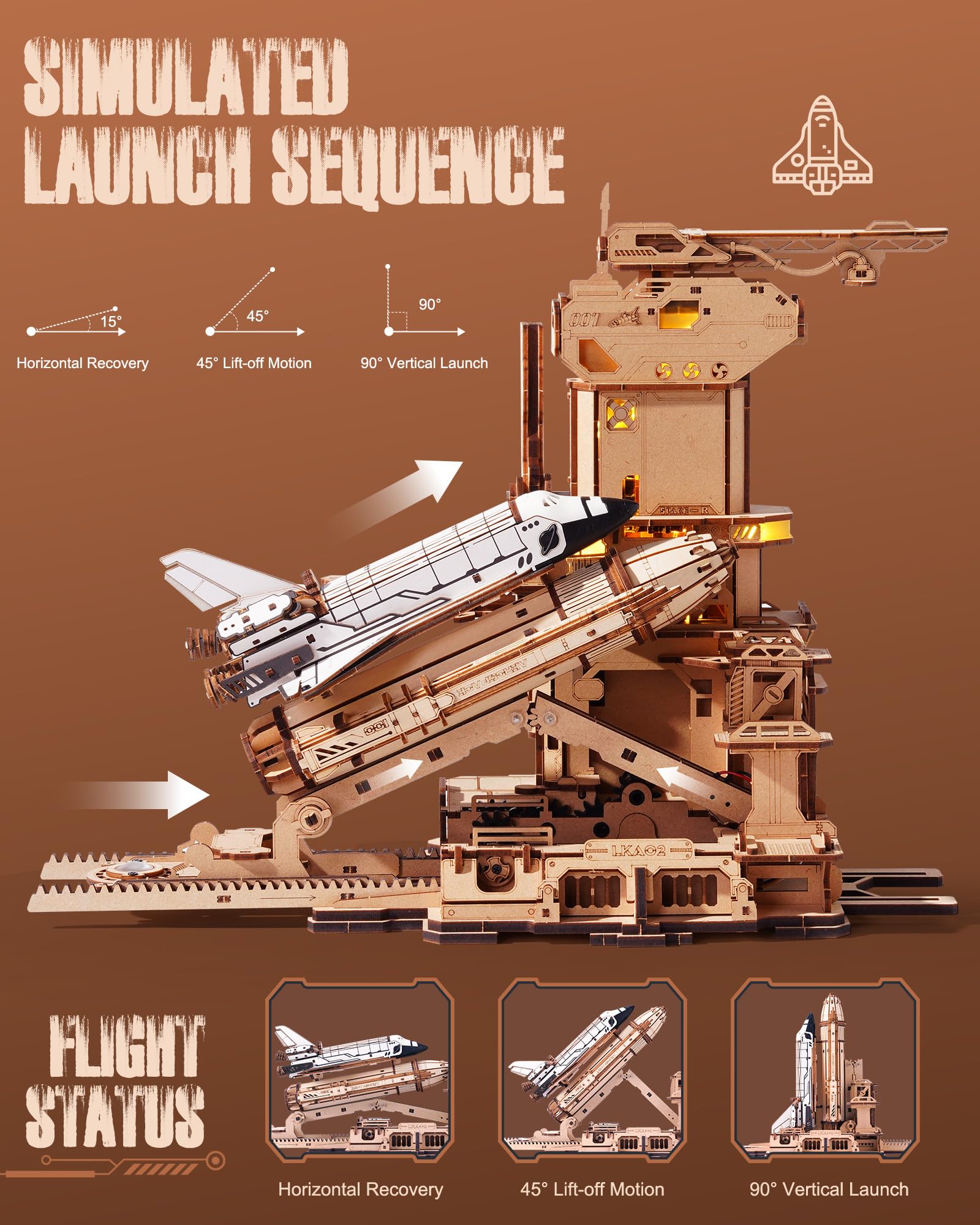 ROBOTIME Space Shuttle fuselage vertical position highlights dynamic pre-launch sequence.