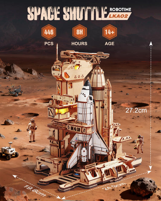 ROBOTIME Space Shuttle launch scene with LED lights for dramatic desktop display.