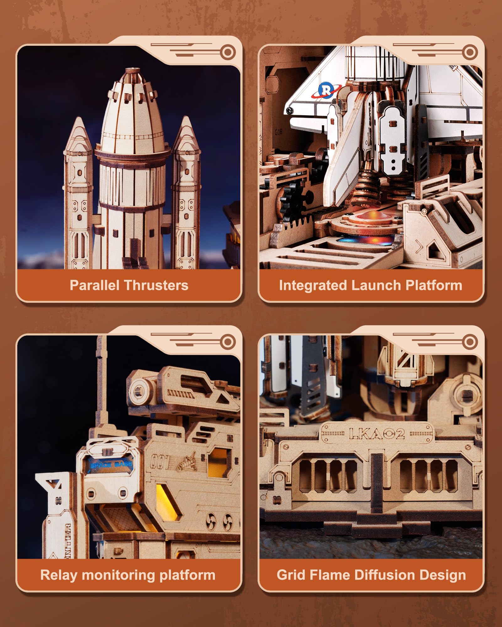 ROBOTIME Space Shuttle LED light effects enhance nighttime desk display.