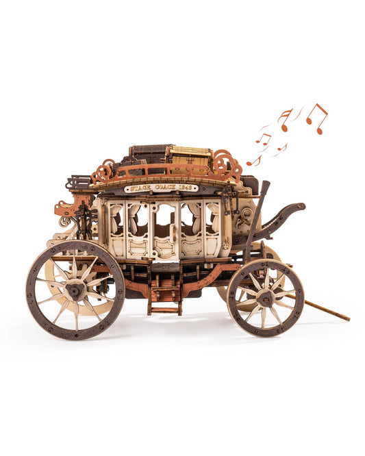 ROBOTIME Stagecoach exterior close-up highlighting intricate gears for a mindful build.