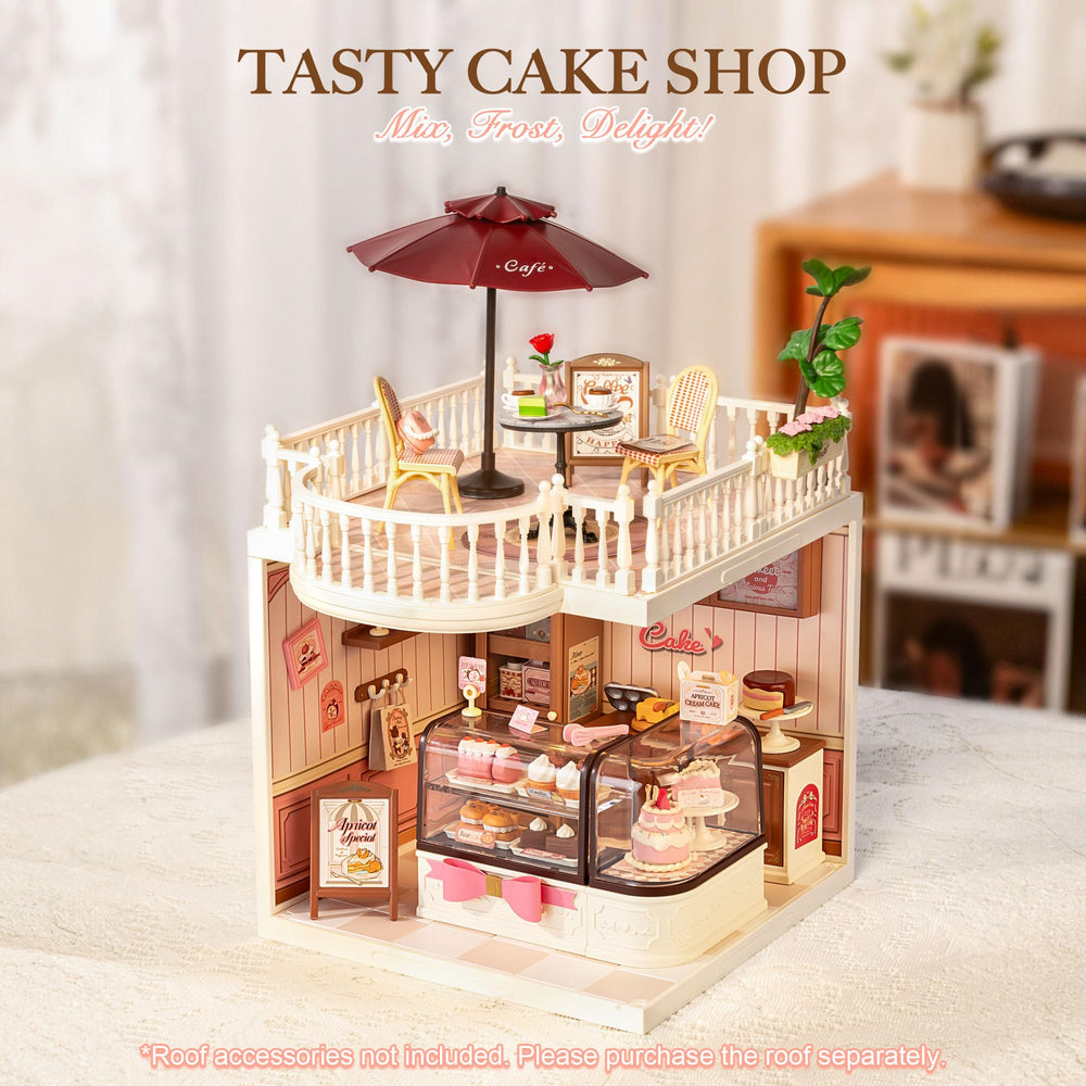 Robotime wall decor and product boxes enhance the bakery's authentic feel