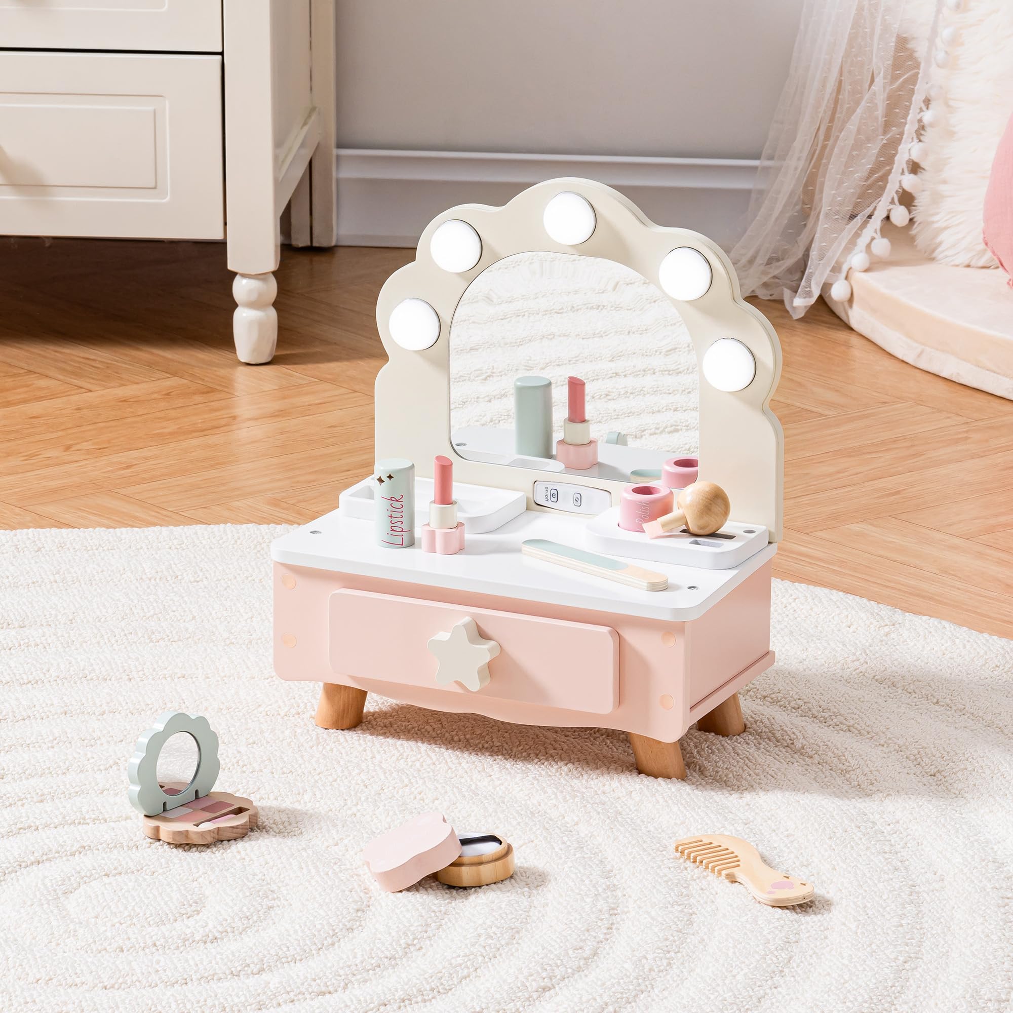 ROBOTIME toddler vanity table with mirror and light for imaginative dress-up play.