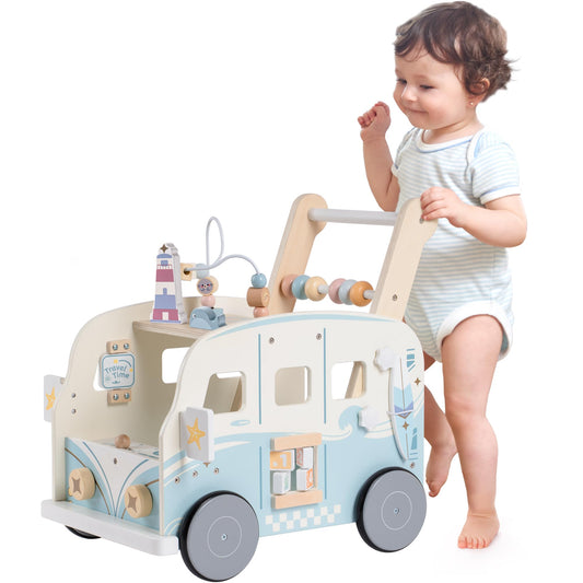 Robotime Vacation Bus Walker front view promotes safe push play for early explorers