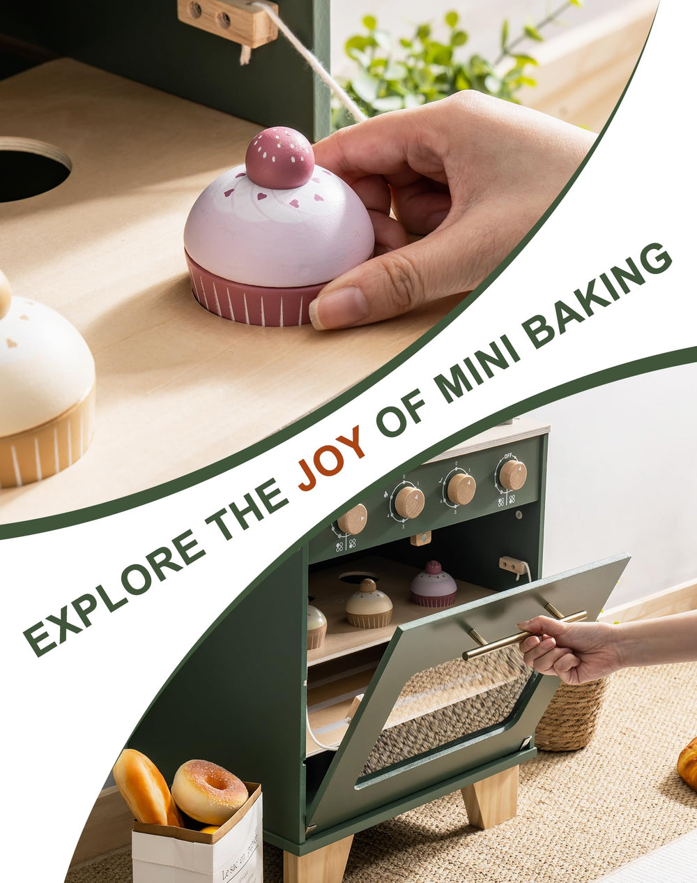 Robotime vintage green kitchen set with play food sparks creative role play.