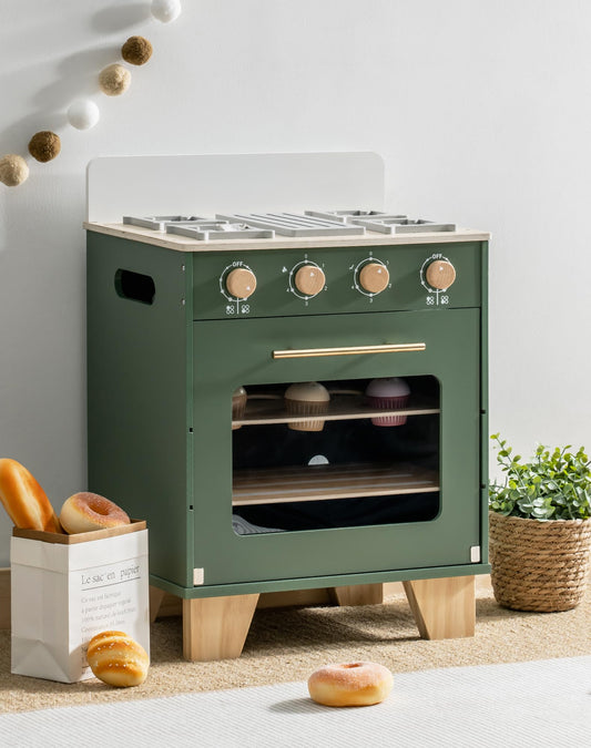 Robotime vintage green oven front view showcases retro styling and metal handles.