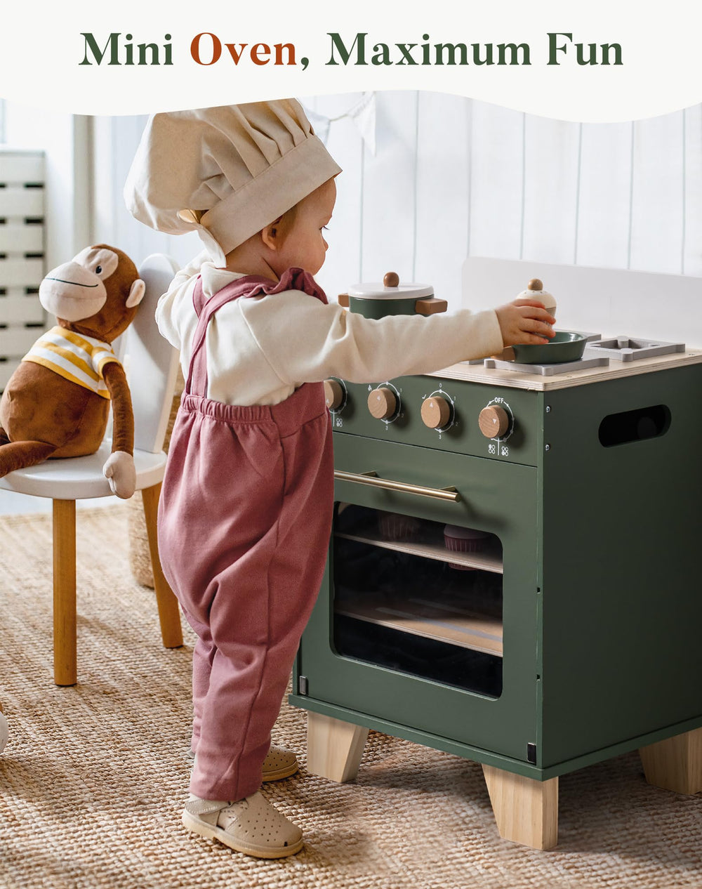 Robotime vintage green oven knobs emit playful sounds for imaginative play.