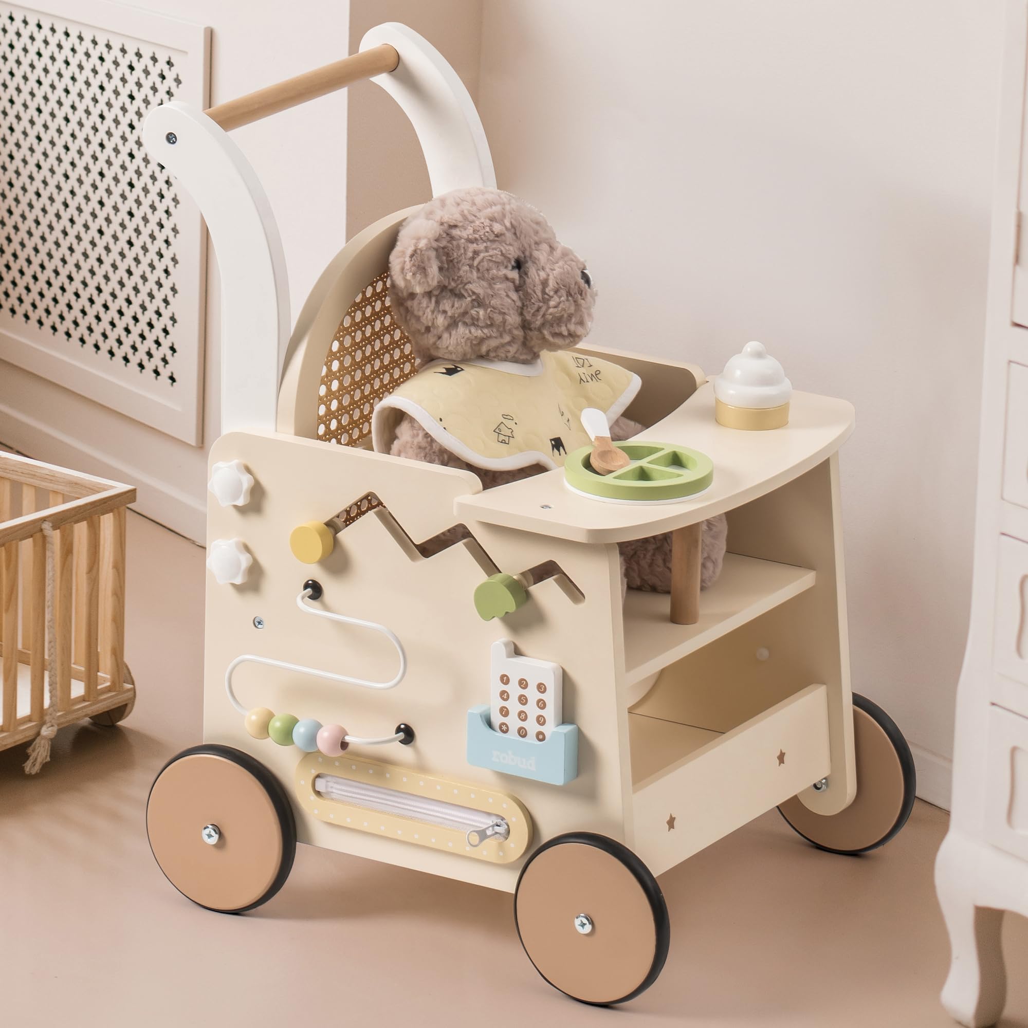 Robotime design supports motor skills through push and pull actions during everyday play.