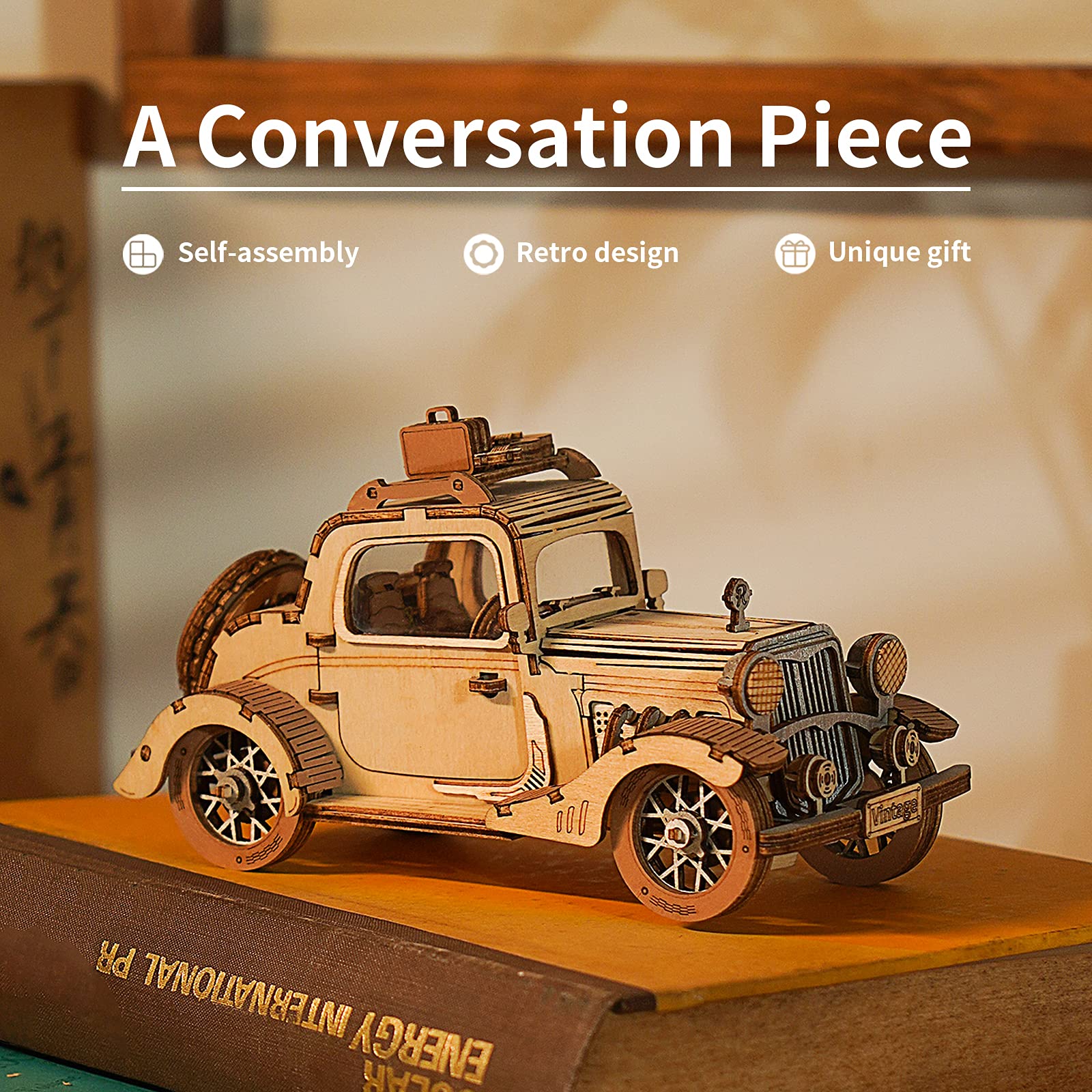 ROBOTIME wooden car model parts laid out for precise, enjoyable assembly.