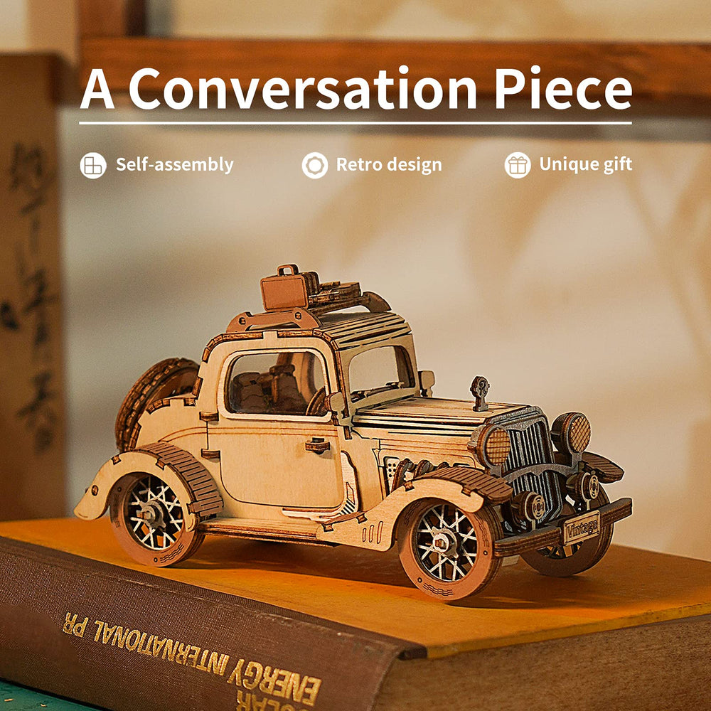 ROBOTIME wooden car model parts laid out for precise, enjoyable assembly.