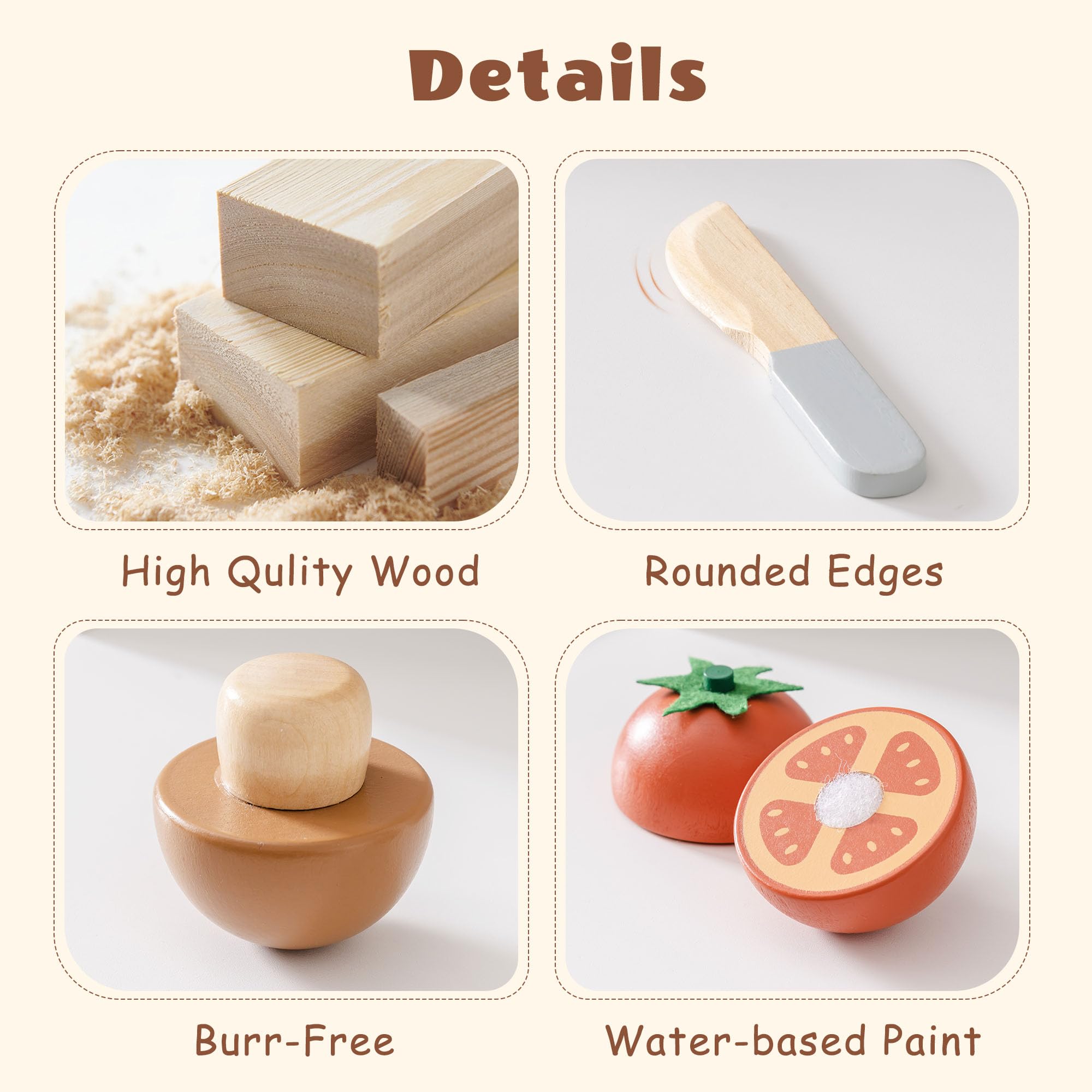 ROBOTIME wooden food pieces close-up with natural wood grain details.