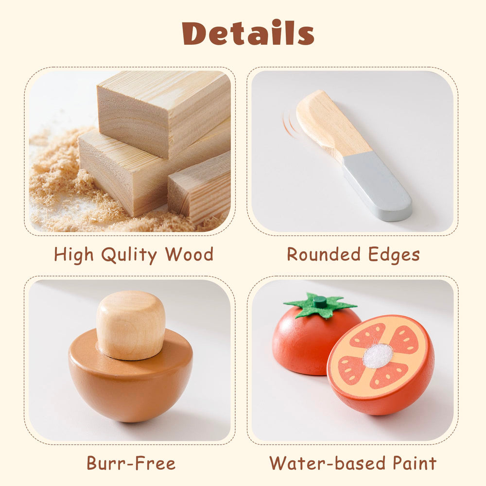 ROBOTIME wooden food pieces close-up with natural wood grain details.