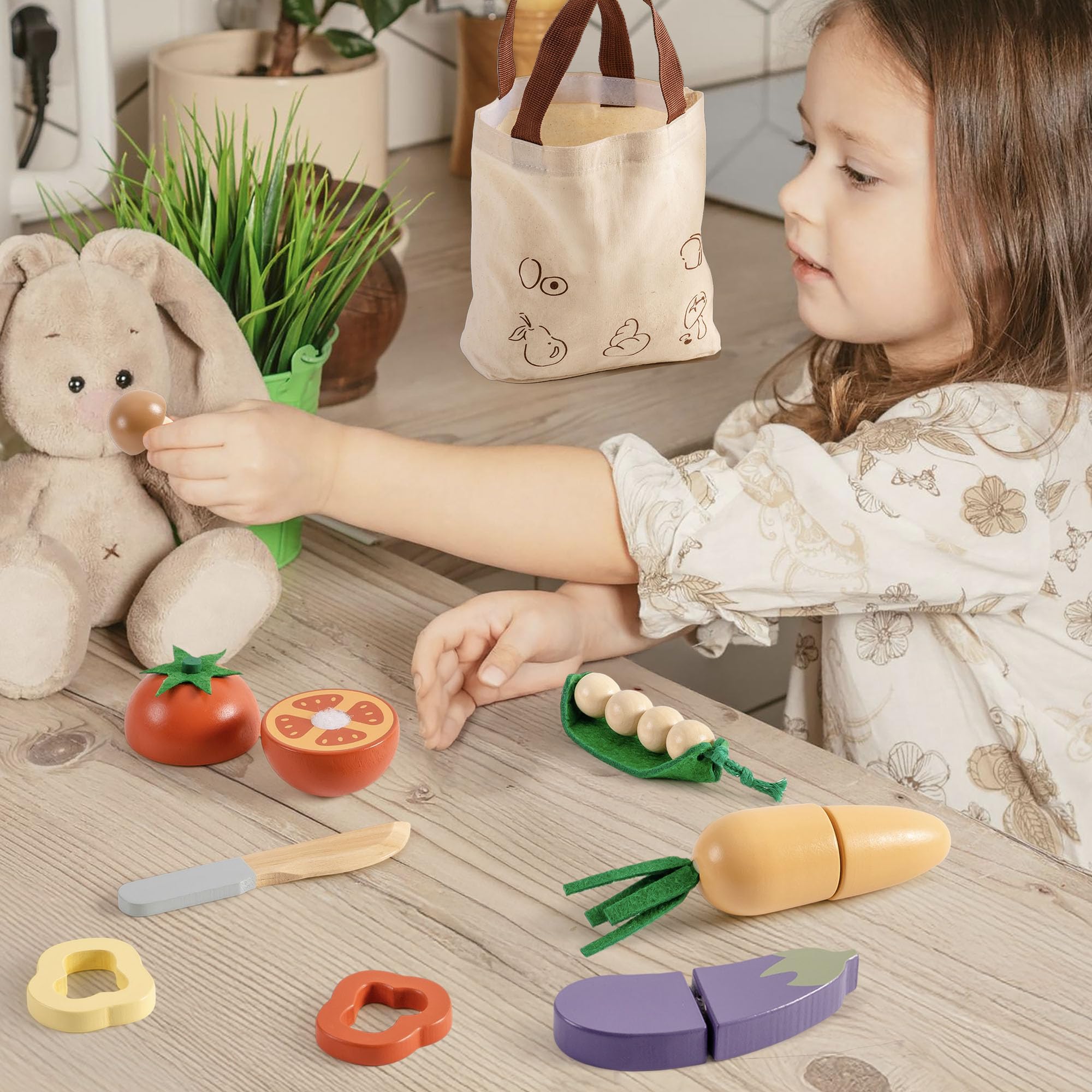 ROBOTIME wooden fruits and veggies play items inspire pretend grocery shopping and sorting.