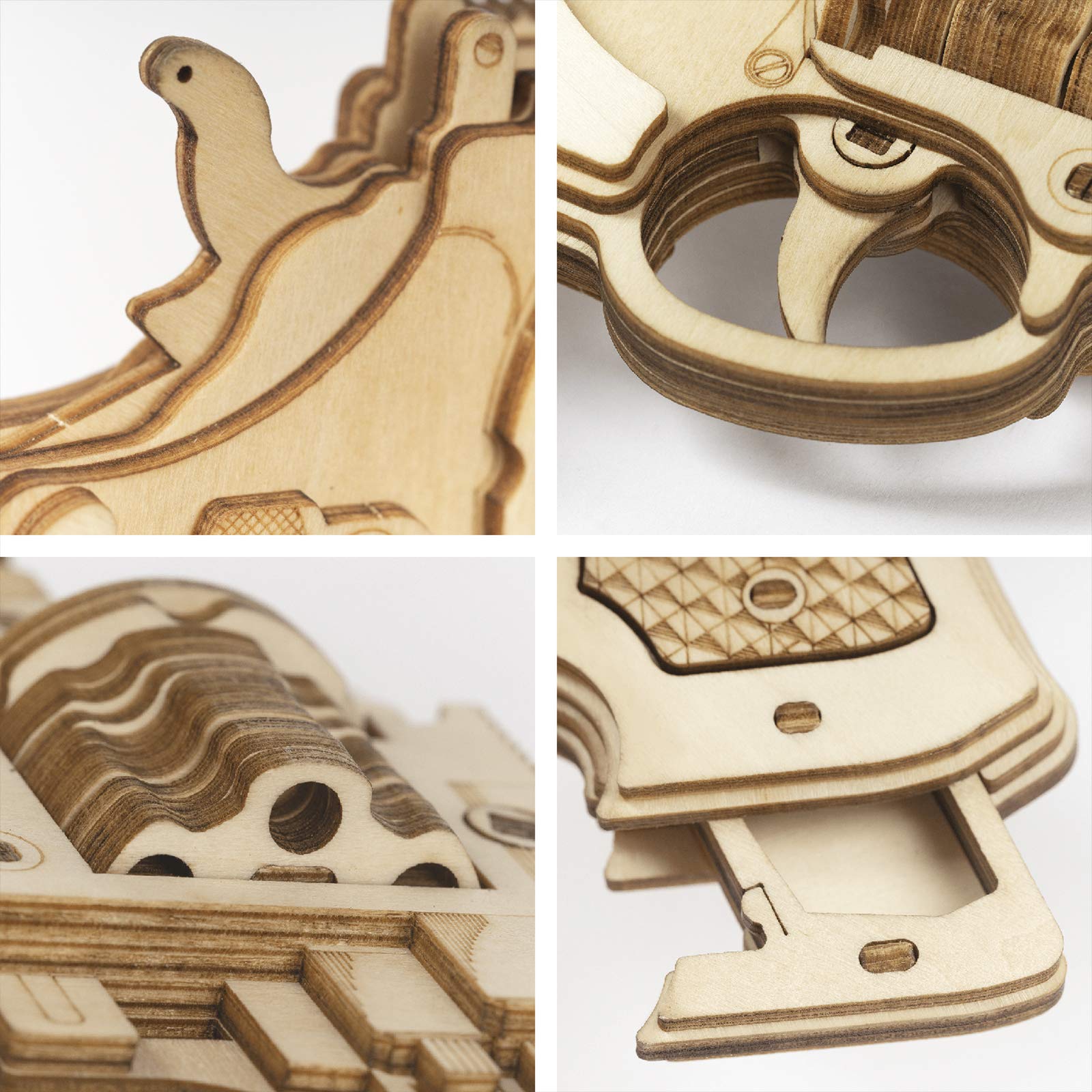 ROBOTIME wooden gun puzzle components arranged for color customization and personalization.