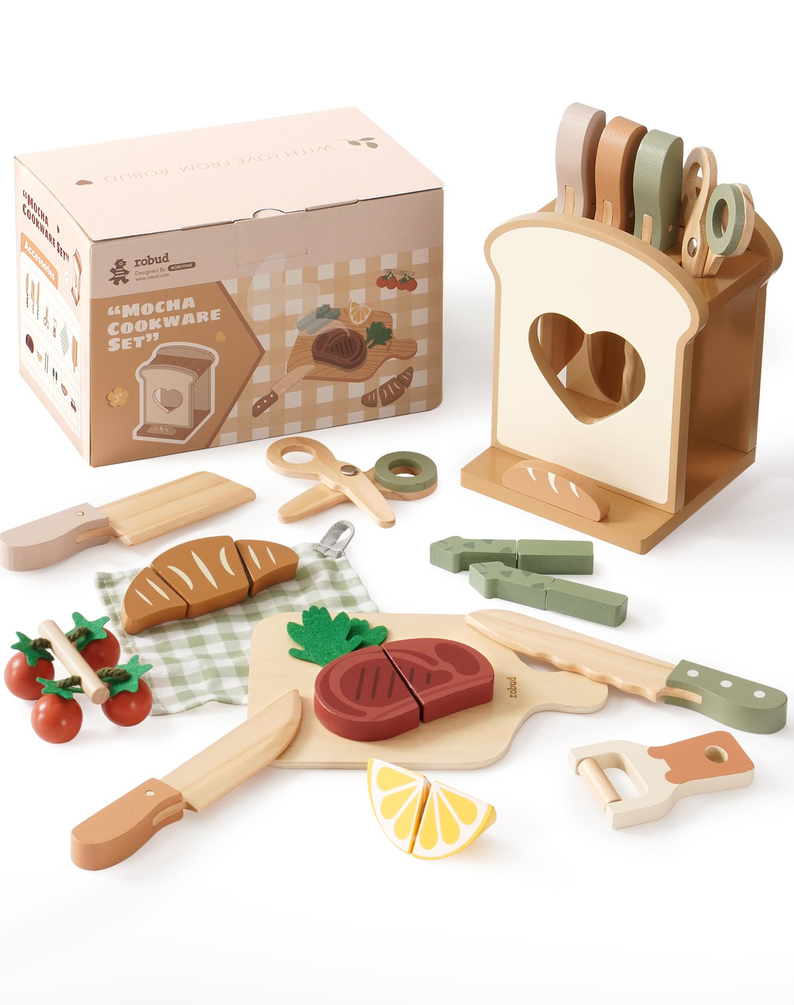 ROBUD 16pc kids play kitchen knife set wooden for imaginative pretend cooking.
