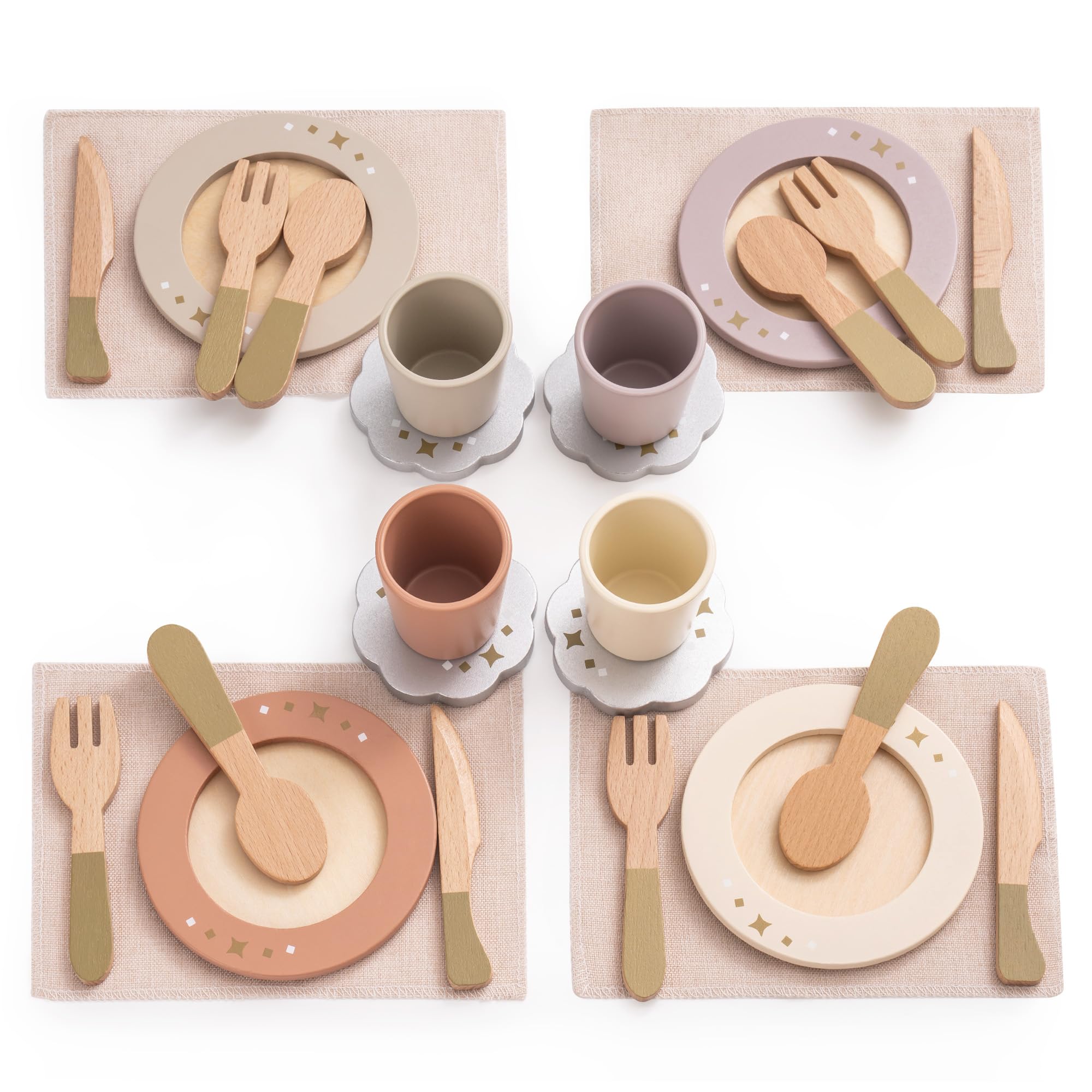 ROBUD 4-set wooden play dishes collection, ideal for group pretend play.