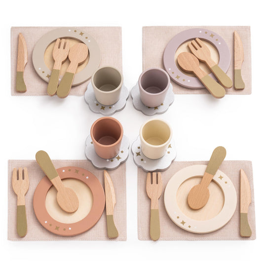 ROBUD 4-set wooden play dishes collection, ideal for group pretend play.