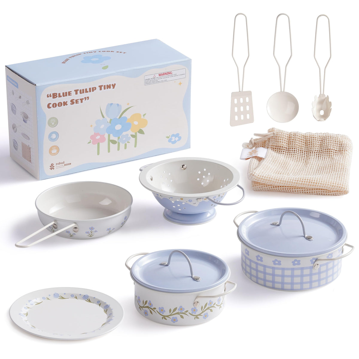 ROBUD Cream Blue Pots and Pans set, kid-friendly design for imaginative play and easy grasp.