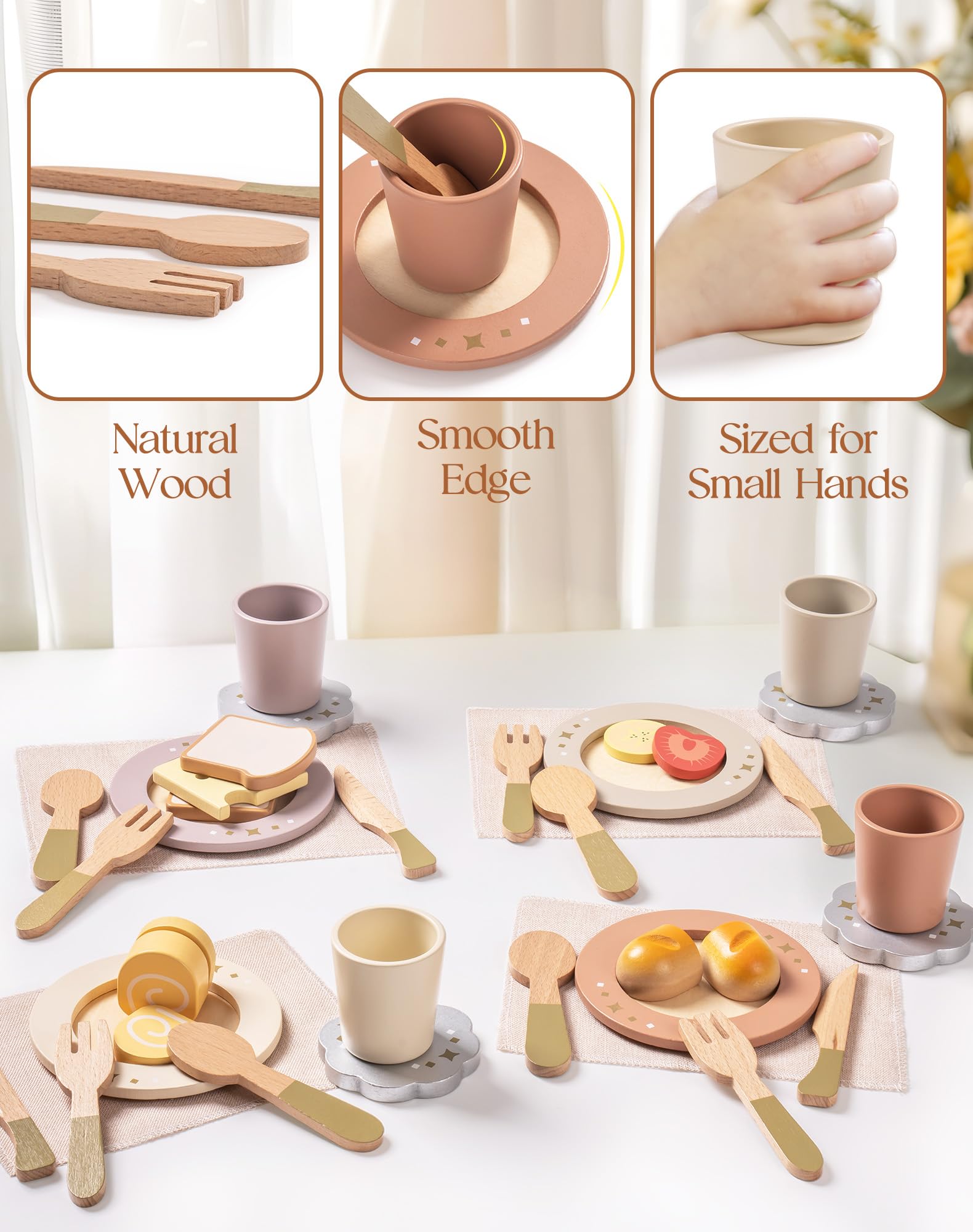 ROBUD 4-set wooden play dishes enables sharing and cooperative play.