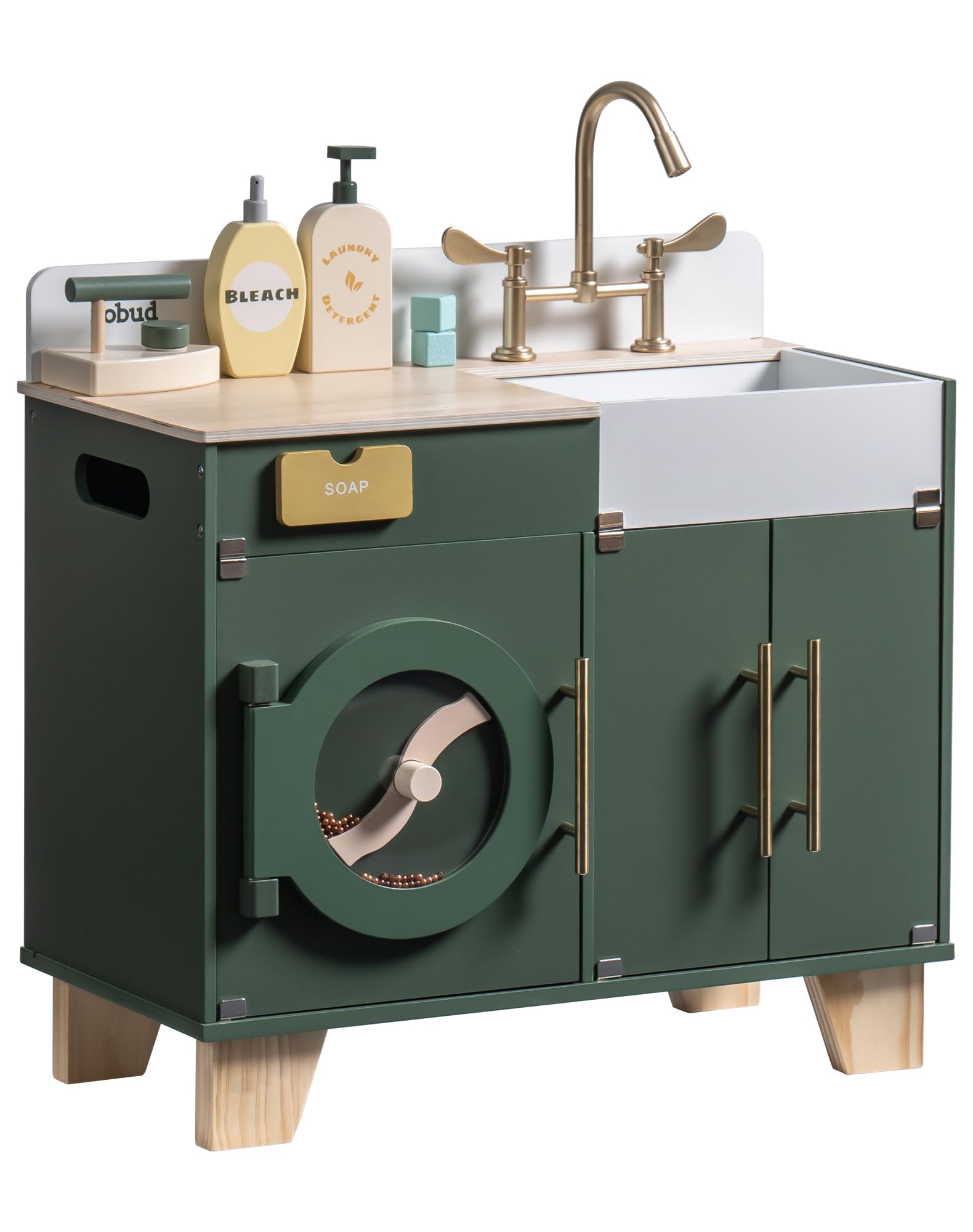 ROBUD Kids Play Kitchen washing machine front view showing sturdy wood build for lasting pretend play.