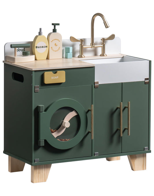 ROBUD Kids Play Kitchen washing machine front view showing sturdy wood build for lasting pretend play.