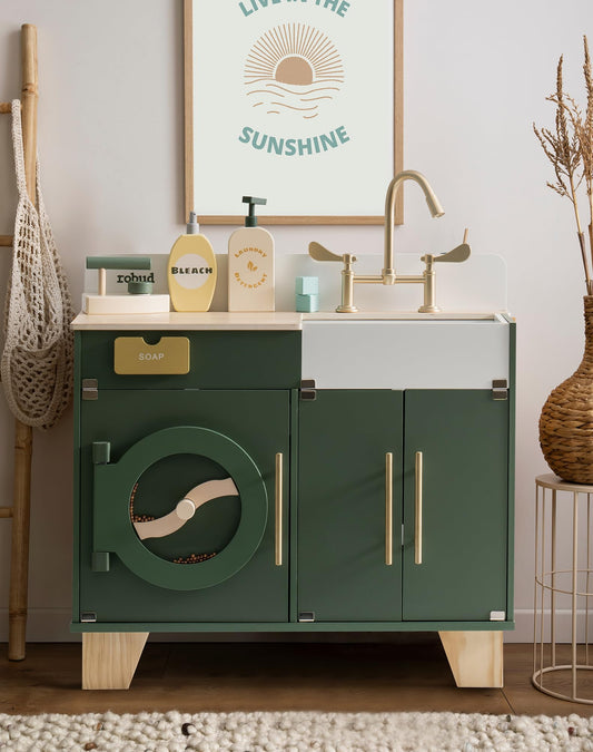 ROBUD washing machine with open front door highlights accessible storage for toys and laundry details.